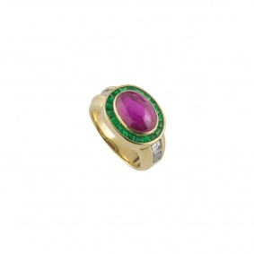 18k Yellow Gold Natural Burmese Ruby, Emerald and Diamond Dress Ring